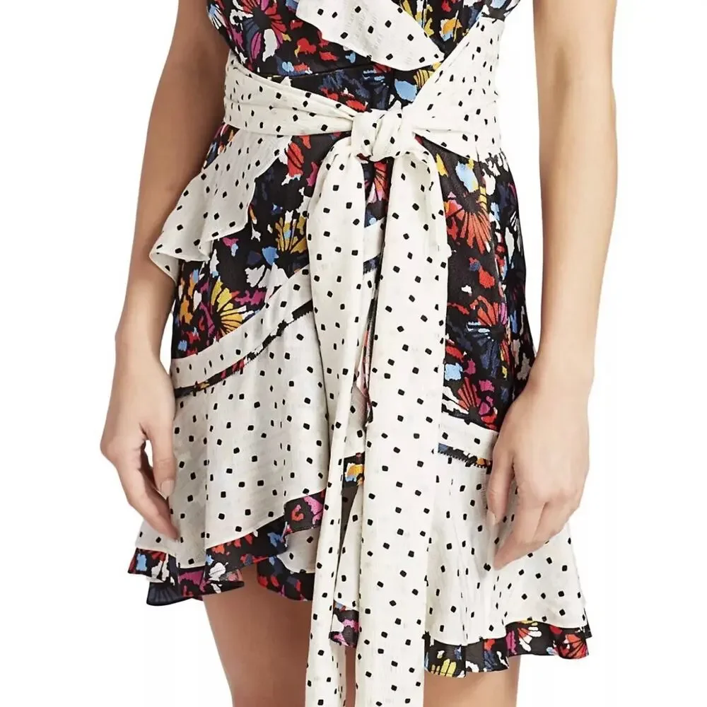 TANYA TAYLOR Bianka Combo Silk Wrap Dress Womens 8 Floral Polka Dot Ruffle Wrap - Picture 3 of 16